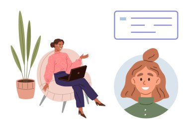 Şık bir sandalyede dizüstü bilgisayarla oturan bir kadın sanal bir toplantı sırasında sohbet ediyor. Profil portresi ve metin kutusu görüntülendi. Çevrimiçi iletişim, dijital takım çalışması, işbirliği ve uzak mesafe için ideal