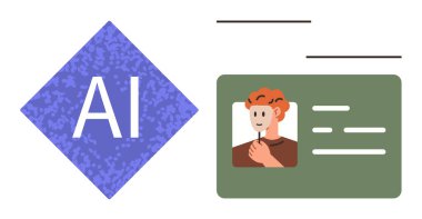 Fotoğraf, metin ve yeşil arkaplanı olan dijital bir kimliğin yanında yapay zeka elemanı. Teknoloji, yapay zeka kullanımı, veri güvenliği, kimlik doğrulaması, dijital araçlar, yenilik için basit düz metafor