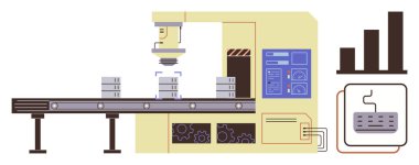 Endüstriyel robotlar, kontrol paneli, bar grafiği ve kablo kontrolüyle fabrika taşıyıcısında istiflenmiş ürünleri sıralıyorlar. Otomasyon için ideal, endüstri 4.0, robotik, akıllı teknoloji, verimlilik üretimi