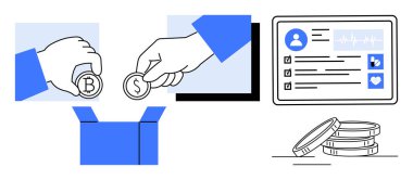 Elleri Bitcoin ve Dolar bozukluklarını para transferlerine işaret ederek kutuya koyuyor. Ekranda sağlık istatistikleri olan ve bozuk para istiflemiş bir kullanıcı profili. Finans, yardım, bağış, yatırım için ideal