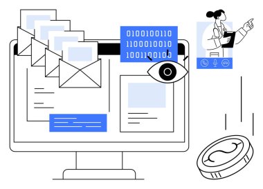 Bilgisayar monitöründe e-postalar, ikili kodlar ve dijital etkileşimli ve bozuk para görüntülü bir göz simgesi var. Siber güvenlik, gizlilik, teknoloji, dijital ekonomi, iletişim, sağlık hizmetleri için ideal