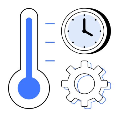 Termometre, saat ve teçhizat zamanı, sıcaklığı ve verimliliği simgeliyor. İş akışı planlaması, enerji optimizasyonu, süreç verimliliği, zaman izleme sistemi yönetimi için ideal