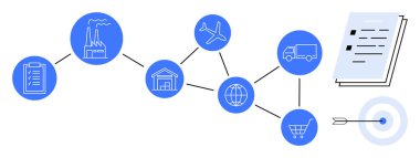 Fabrika, depo, uçak, kamyon, alışveriş arabası, kontrol listesi, hedef. Lojistik küresel ticaret tedarik ağları için ideal hedef e-ticaret envanter iş stratejileri. Basit düz