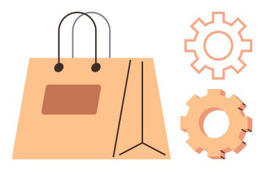 E- ticaret, lojistik ve verimliliği temsil eden iki vitesin yanında kağıt alışveriş torbası. Perakende, işletme yönetimi, çevrimiçi alışveriş, işlemler, süreç optimizasyonu, ticaret takım çalışması için ideal