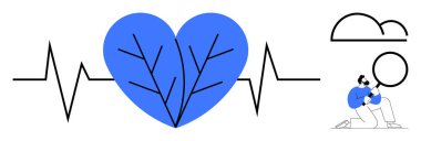 Kalp atışı, sağlık ve canlılığı temsil eden mavi kalple kesişiyor. Büyüteçle diz çökmüş biri analizi sembolize ediyor. Sağlık, sağlık, analiz, kardiyoloji, teşhis için ideal