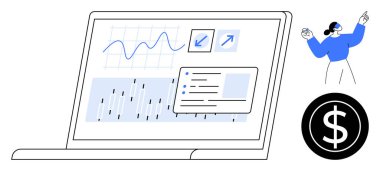 Veri tablolarını, analitik grafikleri ve görev yönetimi unsurlarını gösteren dizüstü bilgisayar. İstatistiklerin gelişmesini kutlayan kadın. Analiz, finans, büyüme, strateji ve izleme için ideal