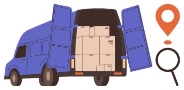 Sevkiyat, konum iğnesi ve lojistik, nakliye ve izleme amaçlı büyüteç dolu paket kutularıyla dolu bir minibüs. İş için ideal, dağıtım, e-ticaret, tedarik zinciri