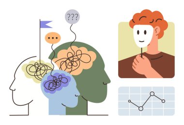 Karmaşık çizgileri olan soyut yüzler düşünceleri sembolize ediyor, maske tutan kişi, büyüme grafiği. Ruh sağlığı, kendini keşfetme, psikoloji, karar verme, kişisel gelişim, duygular için ideal