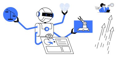 Robot yapay zekayı yönetiyor, sağlık, hukuki ve imalat ikonları tutuyor, grafikler ve profesyonel ekiplerle birlikte. Yenilik, teknoloji, verimlilik, yapay zeka otomasyon süreci için ideal