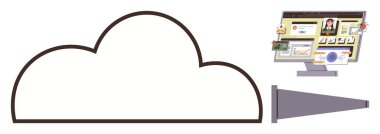 Dijital çalışma alanını gösteren bir bilgisayar ekranına bağlı bulut çizgisi. Teknoloji, iletişim, bulut depolama, dijital işbirliği, uzaktan çalışma, veri yönetimi, basit daire