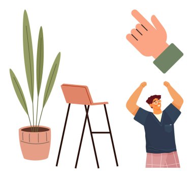 Adam uzun bir sandalye ve saksı bitkisinin yanında kollarını kaldırarak kutlama yapıyor. Büyük el işaretleri yukarıya doğru, başarıyı, yönü ve büyümeyi simgeliyor. Motivasyon, başarı, takım çalışması, rehberlik için ideal