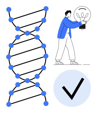 Elindeki ampulün yanında DNA sarmalı yenilik, bilim ve ilerleme işaretlerini taşır. Genetik, keşif, başarı, yenilik, araştırma, sağlık ve bilim için ideal