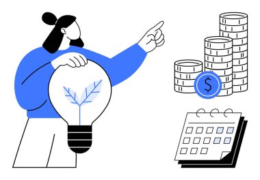 Elinde yaprak sembolü olan ampul tutan bir kadın istiflenmiş paraların ve takvimin yakınına işaret ediyor. Sürdürülebilirlik, eko çözümler, mali planlama, yatırım, yenilenebilir enerji, büyüme için ideal