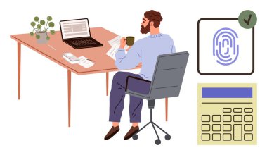 Bilgisayarı, kahvesi ve parmak izi güvenliğinin simgesi olan kağıt okuyan bir adam. Üretkenlik, uzaktan çalışma, güvenlik, teknoloji, finans planlaması için idealdir. Basit bir daire.