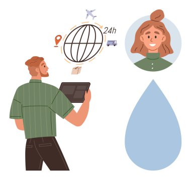 Küresel dağıtım ağını uçak, kamyon ve paket simgeleriyle yöneten bir tablet kullanan kişi. Müşteri destek arayüzü, konum kodu. E-ticaret, lojistik, dağıtım hizmeti ve teknoloji için ideal.