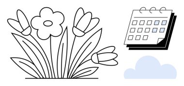 Çiçeklerin açtığı bir takvim, bir tarih ve en az miktarda bulut gösteriyor. Temalar için ideal başparmak bahar, doğa, zaman, planlama, bahçıvanlık, yenilenme ve büyüme. Basit bir düz metafor.