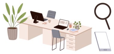 Bilgisayarlı ofis masası, sandalye, saksı bitkileri, kitaplar, büyüteç ve akıllı telefon. Üretkenlik, organizasyon, takım çalışması uzaktan çalışma modern tasarım teknolojisi için idealdir. Basit düz metafor.