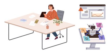 Profesyonel olarak masamda oturup ekranda akıllı otomasyon tabletini inceliyorum. Üretim, işyeri, teknoloji, analitik, yenilik, iş süreci için ideal, basit düz metafor