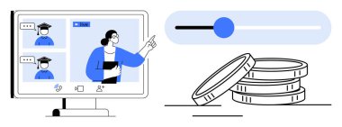 Bilgisayar ekranında öğrenciler ve bir öğretmenle sanal sınıf, bütçe düzenleyicisi, birikmiş paralar. E- öğrenim, finans planlaması, bütçe, uzaktan eğitim, maliyet yönetimi, çevrimiçi eğitim için ideal