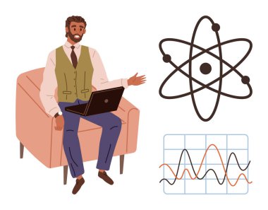 Koltukta dizüstü bilgisayar kullanan sakallı bir adam atom diyagramı ve grafiğine doğru hareket ediyor. Bilim, eğitim, teknoloji, veri analizi, araştırma, yenilik bilgi paylaşım temaları için idealdir. Basit düz