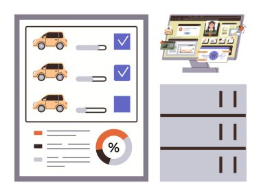 Otomobil seçim listesi sürgülü ve işaretli, veri içgörüleri için pasta grafiği, analitik gösteren bilgisayar ekranı, dosya depolama simgeleri. Filo yönetimi, lojistik ve analiz için ideal