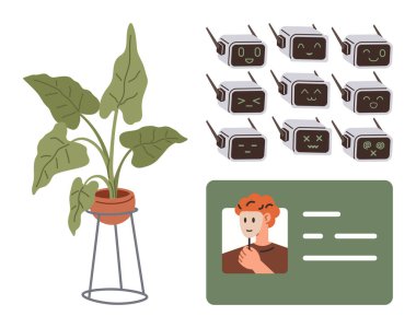 Metal kürsüye yeşil bitki, çeşitli duygular gösteren robot kafaları, karikatür kimlik kartları. Teknoloji tasarımı, yapay zeka, kimlik, ruh halleri, modern daire düzeni için ideal. Basit bir daireyi yakalar