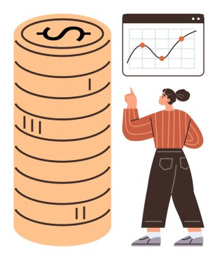 Bir yığın madeni paranın yanında finansal verilerle büyüme grafiğini gösteren bir kadın. Yatırım, tasarruf, finans, ekonomik büyüme, analitik, strateji ve parasal başarı için ideal. Basit düz metafor