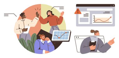 Tablet grafiklerini analiz edip performansı tartışacağız. Tarayıcı alarmı ve pano öngörüleri. Takım çalışması, analitik, veri izleme, ofis görevleri, işbirliği, web analizi için ideal