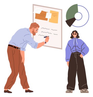 İki meslektaş fikirlerini tartışıyor. Biri beyaz tahtaya yapışkan notlar yazıyor, diğeri hazırda bekliyor. Takım çalışması, planlama, beyin fırtınası, proje yönetimi, ofis etkileşimi için ideal