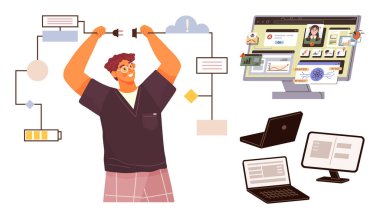 Kabloları organize akış şemasına bağlayan kişi, dizüstü bilgisayarlar, ekranlar, bataryalar ve bulut simgeleri. Yenilik, üretkenlik, bilişim çözümleri, dijital dönüşüm projesi strateji sistemi için ideal