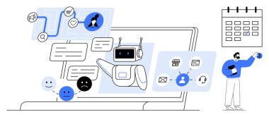 Bir insan takvim üzerinde görev planlarken mesajlar, duygular ve simgelerle etkileşime geçen bir laptop ekranı. Teknoloji, yapay zeka, üretkenlik, müşteri hizmetleri, yenilik için ideal