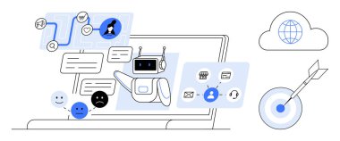 Robot sohbet baloncuklarına, duygu geri bildirimlerine, laptoplara, birbirine bağlı bulutlara ve hedef sembollere tepki veriyor. Teknoloji, otomasyon, iletişim, müşteri hizmetleri dijital pazarlama yapay zekası için ideal