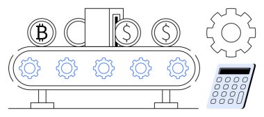 Para birimi simgelerini dönüştüren taşıyıcı bant, bitcoin ve doları dişliler ve bir hesap makinesiyle çevrelenmiş çıktılara çeviriyor. Fintech, engelleme zinciri, otomasyon, bütçe, muhasebe, ekonomi için ideal