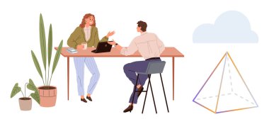 İki meslektaş, çömlek bitkileri ve geometrik piramitlerle çevrili bir dizüstü bilgisayarla masa başında çalışmayı tartışıyor. Takım çalışması, yaratıcılık, strateji, beyin fırtınası, dijital araçlar, işbirliği için ideal