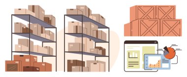 Kutularla dolu raflar, istiflenmiş ahşap sandıklar ve grafikleri gösteren dijital ekranlar. Lojistik, tedarik zinciri, envanter takibi, organizasyon, depolama, üretkenlik verileri için ideal