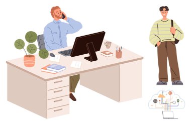 Ofis çalışanı, organize masa düzeniyle, kitaplarla, bitkilerle ve kahveyle birden fazla iş yapıyor. Sırt çantalı sıradan bir öğrenci yakınlarda duruyor. Takım çalışması için ideal, üretkenlik, öğrenme, işbirliği