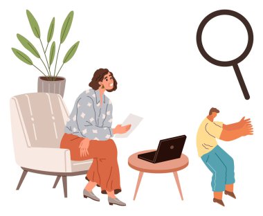 Kadın sandalyeye oturur, elinde kağıt, dizüstü bilgisayarı masaya oturur, erkek büyüteç ve bitki kullanarak el kol hareketi yapar. Araştırma, analiz, çalışma, keşif, merak işbirliği keşfi için ideal. Basit düz