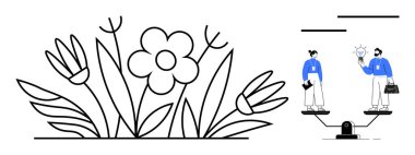 Çiçek elementleri doğal büyümeyi sembolize ederken, profesyoneller fikirleri ölçekler üzerinde dengeliyor. Takım çalışması, denge, kariyer, doğa, sürdürülebilirlik, işbirliği büyümesi için ideal. Basit bir düz metafor.