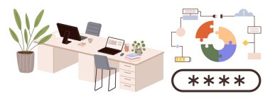 Ofis masasında bilgisayarlar, sandalye, bitki, kitaplar, kahve fincanı bir işlem çalışma çizelgesi ve şifre giriş elemanlarının yanında. Takım çalışması, üretkenlik, proje yönetimi, bilişim güvenliği için ideal