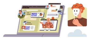 Sosyal medya profillerini, sohbetleri, video görüşmelerini ve analizleri gösteren bir dizüstü bilgisayar ekranında bir kişi maske takıyor. Dijital iletişim, çevrimiçi mahremiyet, sosyal kimlik, ağ verileri için ideal