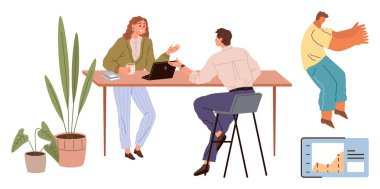 İki iş arkadaşı, bitkilerle çevrili bir dizüstü bilgisayar ve bir grafikle fikirleri tartışıyor. Başka bir kişi yaratıcı bir konsepti canlandırıyor. Beyin fırtınası, takım çalışması, yaratıcılık, işyeri, verimlilik için ideal