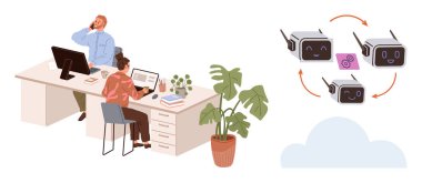 Masada çalışan iki meslektaş, oklar, bulutlar ve cihazlarla yapay zeka sohbet robotu diyagramı çiziyor. Takım çalışması, otomasyon, yenilik, üretkenlik, iletişim, teknoloji iş akışı için ideal