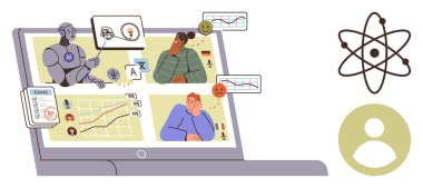 Robot eğitmeni kullanıcılara dizüstü bilgisayar, grafik, kullanıcı tepkileri ve eğitim veri analizi yoluyla ders veriyor. E- öğrenim, yapay zeka, eğitim, teknoloji, yenilik süreci için idealdir.