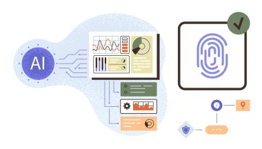Güvenli doğrulama için yapay zeka entegrasyonuyla dijital parmak izi taraması ve veri analiz paneli. Teknoloji, biyometri, yapay zeka, siber güvenlik, dijital kimlik, veri görselleştirme, basit
