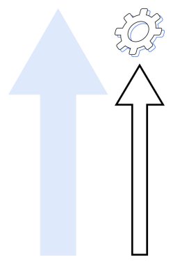 İki yukarı doğru ok, biri gölgeli, diğeri de dişli. Büyüme, yenilik, ilerleme, strateji, başarı gelişimi ve takım çalışması temaları için ideal. Minimalist düz metafor