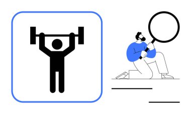 Halteri kaldıran, gücü simgeleyen, elinde büyüteçle gezen bir adam. Sağlık, fitness, araştırma, analiz, keşif, kişisel büyüme için ideal, basit düz metafor