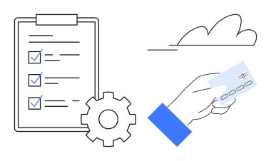 İşaretli eşyalarla kontrol listesi, otomasyonu sembolize eden ekipman, el ele tutuşan kredi kartı ve bulut. Üretkenlik, verimlilik, teknoloji, finans, e-ticaret bulut hizmetleri için ideal basit daire