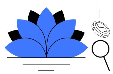 Mavi nilüfer yaprakları, bir büyüteç, bir bozuk para ve denge için temiz asgari çizgiler. Finans, büyüme, odaklanma, başarı refah minimalizmi kişisel gelişim için idealdir. Basit bir düz metafor.