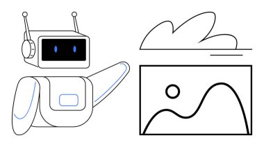 Robot çerçeveli dijital bir manzaraya doğru hareket ediyor güneş, bulut ve eğri çizgilerle. Yapay zeka, otomasyon, yaratıcılık, teknoloji, yenilik tasarım eğitimi için idealdir. Basit düz metafor