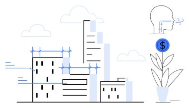 Planlı yüksek binalar, bozuk paralı yeşil fabrika, hava akışı konseptli insan kafası. Kentsel planlama, sürdürülebilirlik, yeşil enerji, finans, yatırım, yenilik geleceği için ideal